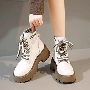 白色马丁靴女2024秋季厚底英伦高跟短靴小个子增