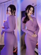 火华家原创设计 紫色战袍2.0性感韵味绑带包臀鱼尾长袖连衣裙