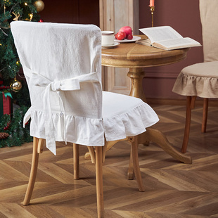 美式餐椅套罩圆形法式亚麻荷叶边轻奢高档定制欧式椅子套椅垫一体