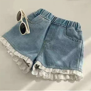 女童牛仔短裤夏季薄款2024夏装韩版儿童洋气蕾丝五分裤子外穿热裤