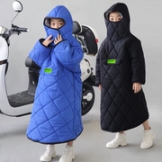 儿童挡风服电动车后座保暖被冬季防寒衣，小孩加厚连体帽绒棉防护罩