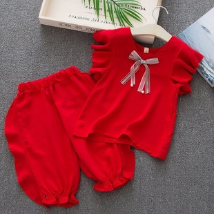 女童夏季套装大红色女宝宝衣服蝴蝶结T恤灯笼裤中小童周岁两件套