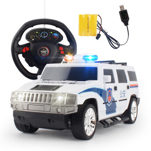 方向盘遥控警车汽车模型仿真儿童玩具车可充电警，公安车110男孩特
