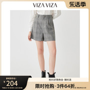 商场同款vizaviza2023春秋，气质设计感高腰，格子短裤女士