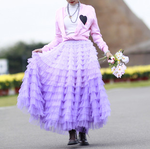 春夏花边蛋糕裙仙女，长裙浅紫色渐变半身裙高级纱裙显瘦大摆裙