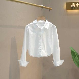 100%棉2023春季韩版短款纯色，百搭气质洋气长袖休闲衬衫女上衣