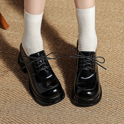 湘湘角色复古小皮鞋2023英伦，风圆头系带白打黑色高跟单鞋女