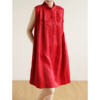 天然出品复古红色翻领无袖连衣裙混纺工装风中长裙女夏QA6645