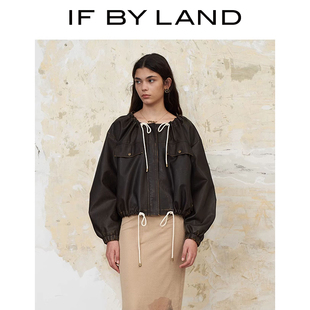 IF BY LAND设计师品牌24春夏黑色棕色抽绳圆领口袋皮衣外套女