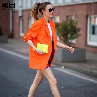 素目2024春季欧美风时尚橙色西装女亮色气质宽松直筒百搭外套