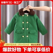 儿童军绿色大衣加绒加厚中长款男童，复古外套女宝宝老式棉衣雷锋帽