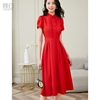 晚白2024夏季国风中式旗袍裙，修身短袖红色连衣裙，女回门服气质