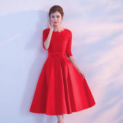 中国风新娘中式敬酒礼服连衣裙2024夏季结婚红色中袖晚礼服裙