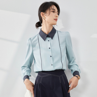 曼贝蓝色雪纺衬衫女长袖，2024春秋法式时尚，大码上衣高级感衬衣