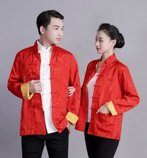 中国风男女士情侣古装唐装上衣，中青年春秋季长袖茶楼外套双面大红
