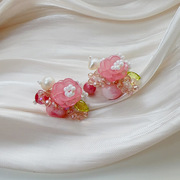 蜜桃乌龙耳钉油画风粉色串珠，花朵项链可爱气质甜美边夹戒指耳饰