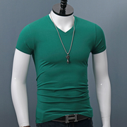 纯棉短袖t恤男士修身夏季V领紧身体恤透气运动青年薄款纯色打底衫