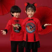 春秋儿童喜庆演出合唱服中国风红色套装服兄妹幼儿园红歌舞蹈表演