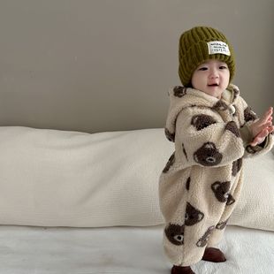 婴儿衣服冬装外出服超萌小熊毛毛衣加绒哈衣冬季外套男宝宝连体衣