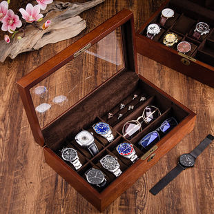 fubao高档木质首饰手表眼镜首饰，一体收纳盒表盒展示盒珠宝盒带锁