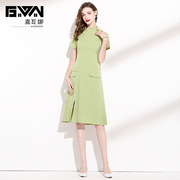 绿色连衣裙夏季2022气质立领短袖复古盘扣女士裙子质感高级感
