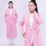 武农系腰亚麻加棉保暖中国风长款风衣，大衣外套士女粉色太极服