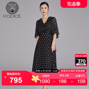 KODICE波点连衣裙2023春季女黑色V领蝴蝶袖不规则长裙