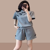 新中式国风休闲运动套装，女夏季小个子减龄盘扣短袖灰色短裤两件套