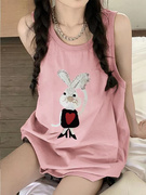 纯棉粉色兔子印花无袖背心t恤女夏季韩版宽松休闲洋气减龄上衣潮