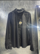 欧洲站时尚设计感黑色立领配花花衬衫女纯色韩系气质衬衫上衣