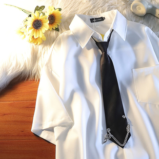 芃漫项链领带短袖衬衣，美式嘻哈高街情侣衬衫，男女街舞个性潮流外套