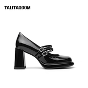 talitaqoom复古玛丽珍鞋，2023秋季真皮，粗跟双条带牛仔布高跟鞋