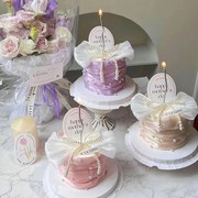 网红母亲节蛋糕装饰粉色紫色，珍珠纱围边白色蝴蝶结卡片插件插牌