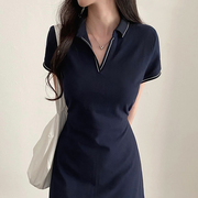 韩国chic夏季法式复古polo领撞色镶边，收腰显瘦短袖a字型连衣裙女