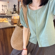 小妍家日系宽松显瘦短袖衬衫，女夏季绿色棉麻，上衣简约单排扣小衫