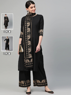 印度进口传统旁遮比3件套纯棉烫金，印花套装中长款圆领薄款黑色