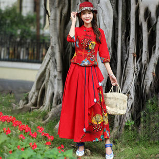 唐装女装中国风复古中式盘扣改良旗袍式上衣民族风棉麻套装两件套