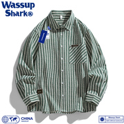 wassupshark日系条纹复古衬衫，男春秋牛仔提花，夹克外套休闲衬衣女