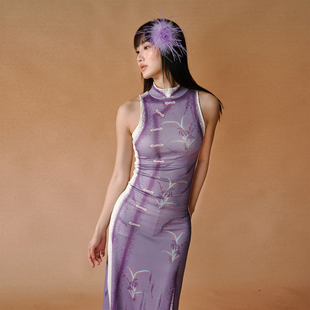 LOUMUTAKU梦泽 新中式「靛卉兰罗」设计师小众手绘紫色旗袍连衣裙