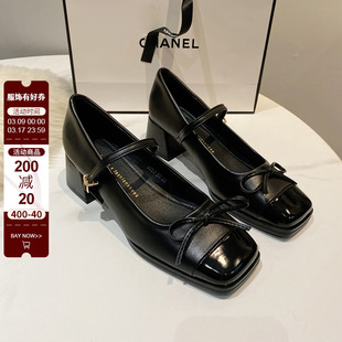 黑色蝴蝶结玛丽珍鞋简约复古方头粗跟单鞋法式一字扣中跟鞋2024新