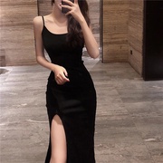 黑色吊带连衣裙女夏季2021法式性感修身内搭中长款开叉打底裙