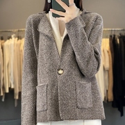 一粒扣100%纯羊绒开衫，女v领针织羊毛衫，外套秋冬宽松毛衣外套