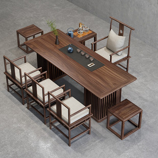 现代老榆木实木茶桌椅，乌金石茶盘一体功夫，茶台办公室泡茶桌椅组合