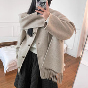 韩国东大门带围巾毛呢外套，女装中长宽松羊毛，大衣单排扣斗篷呢大衣