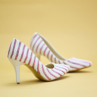 珍珠水晶婚鞋粉色白色尖头新娘鞋宴会演出高跟鞋伴娘成人礼高跟鞋