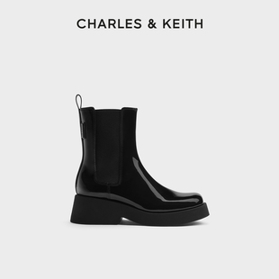 charles&keith秋季女靴ck1-90280050时尚，漆皮厚底切尔西靴女