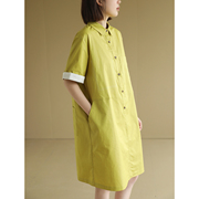 天然出品 黄绿色连衣裙 直筒翻领工装风短袖连衣裙女中长裙QA5403