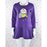 春秋韩版女装圆领猫头鹰，印花卡通长袖，修身显瘦连衣裙紫色