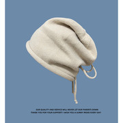 米色抽绳系带松紧堆堆，毛线针织帽女宽松套头，月子帽时尚潮人冷帽