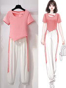粉色运动套装女夏季薄款2024年休闲时尚洋气小个子网红两件套